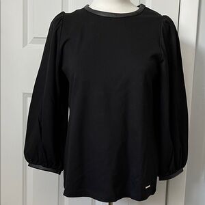 New Anne Klein Black Puff-Sleeve Long Sleeve Top with Faux Leather Trim Neckline